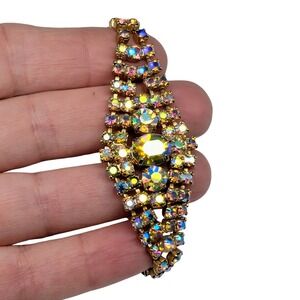 Vintage Aurora Borealis Rhinestone Bracelet Gold Tone Iridescent Statement 6.8in